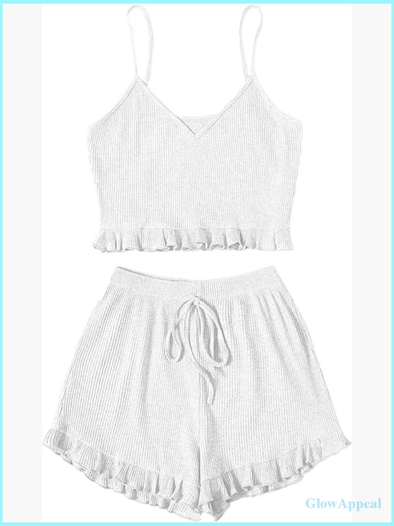 Women's Sexy 2 Piece Pajama Set Ruffle Trim Cami Top And Shorts Sleepwear Set